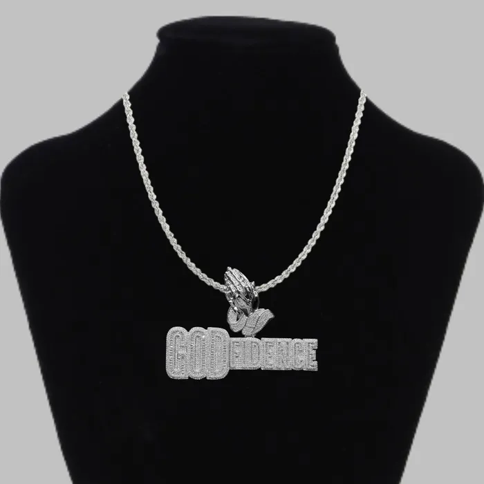 Necklaces God Fidence God Fidence Praying Hands Bail Iced Out Letter Diamond Pendant Necklace