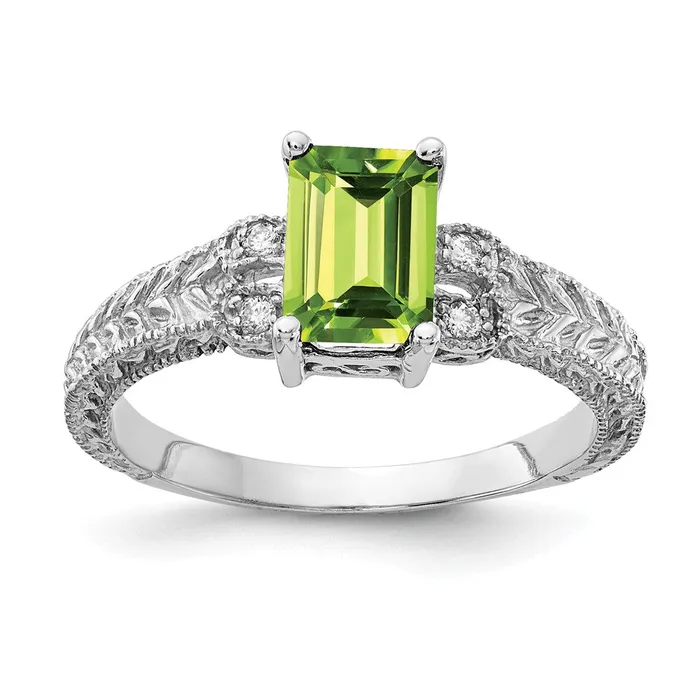14k White Gold 7x5mm Emerald Cut Peridot VS Diamond ring Goldia Rings