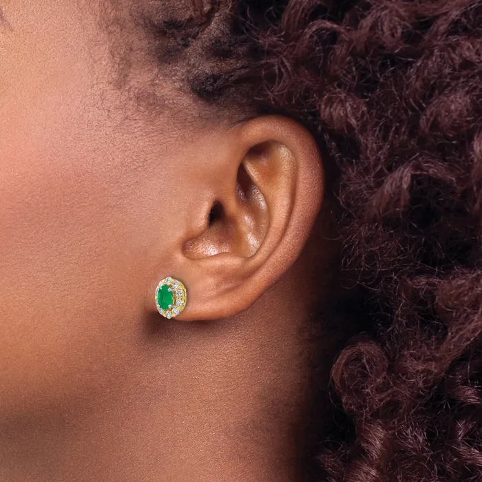 14k Yellow Gold 58 Ct Lab Grown Diamond VSSI G and Oval Created Emerald Halo Post Earrings Goldia Earrings