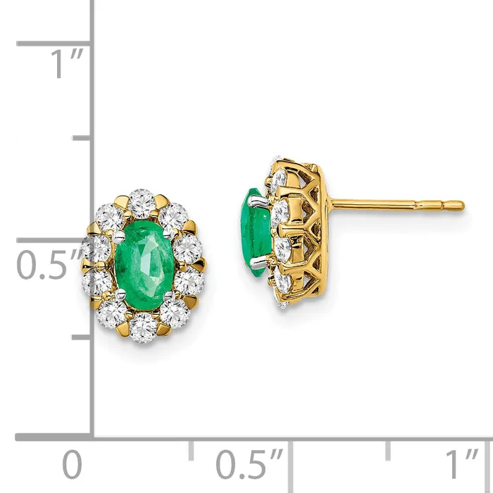 14k Yellow Gold 58 Ct Lab Grown Diamond VSSI G and Oval Created Emerald Halo Post Earrings Goldia Earrings