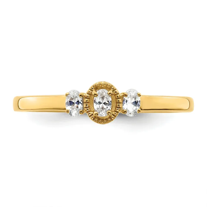 Goldia 012ct CZ Solid Real 14k Polish Beaded Edges 3 stone Oval Complete Dia Ring Rings