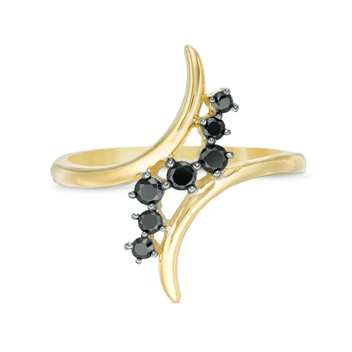 Goldia 025 CT TW Enhanced Black Natural Diamond Curve Bypass Ring in Solid 10K Yellow Gold Rings Goldia 025 CT TW Enhanced Black Natural Diamond Curve Bypass Ring in Solid 10K Yellow Gold Rings