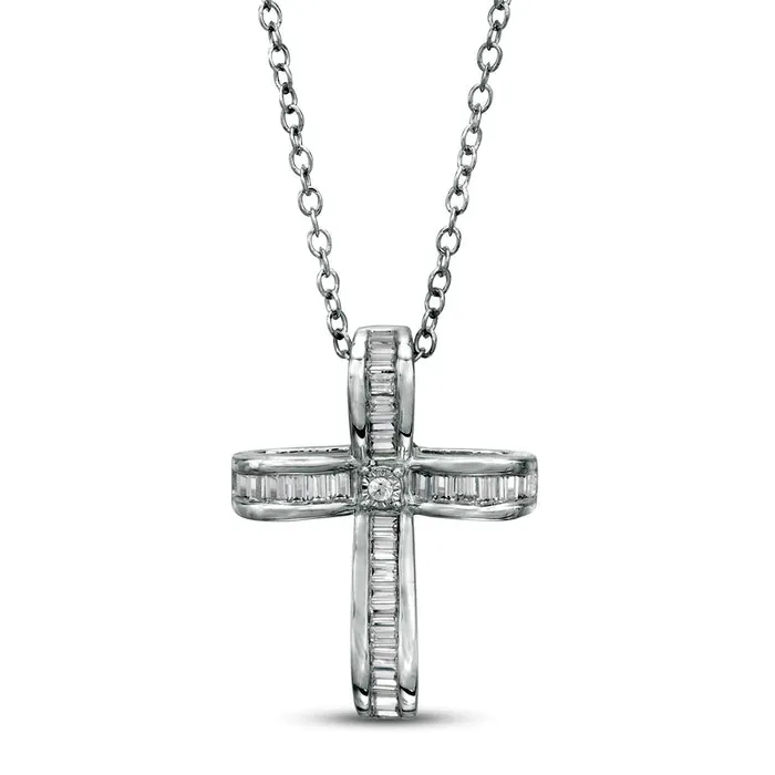Goldia 033 CT TW Baguette and Round Natural Diamond Cross Pendant in Sterling Silver Necklaces Goldia 033 CT TW Baguette and Round Natural Diamond Cross Pendant in Sterling Silver Necklaces
