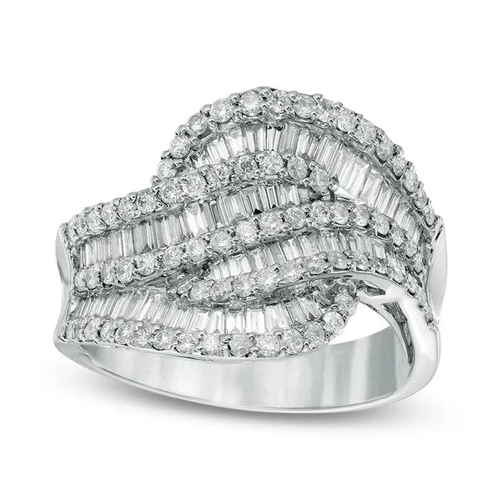 Goldia 15 CT TW Baguette and Round Natural Diamond Layered Wave Ring in Solid 10K White Gold Rings Goldia 15 CT TW Baguette and Round Natural Diamond Layered Wave Ring in Solid 10K White Gold Rings