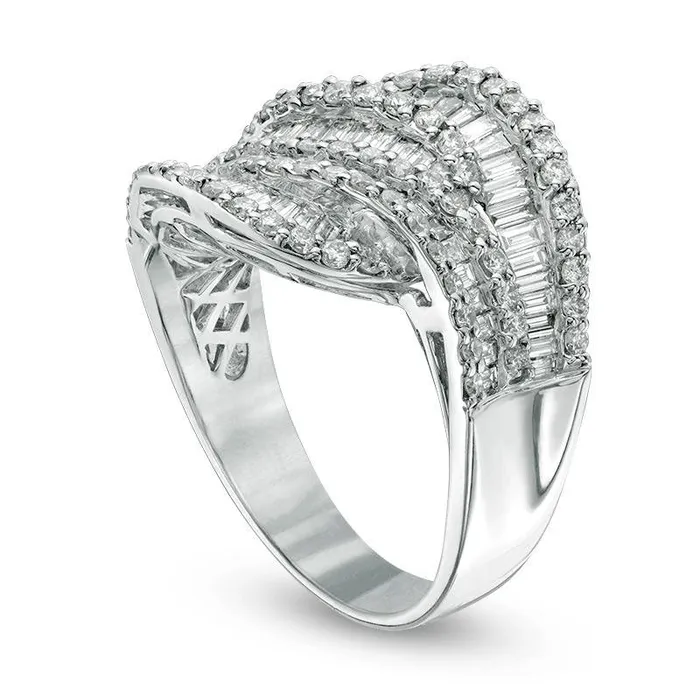 Goldia 15 CT TW Baguette and Round Natural Diamond Layered Wave Ring in Solid 10K White Gold Rings Goldia 15 CT TW Baguette and Round Natural Diamond Layered Wave Ring in Solid 10K White Gold Rings