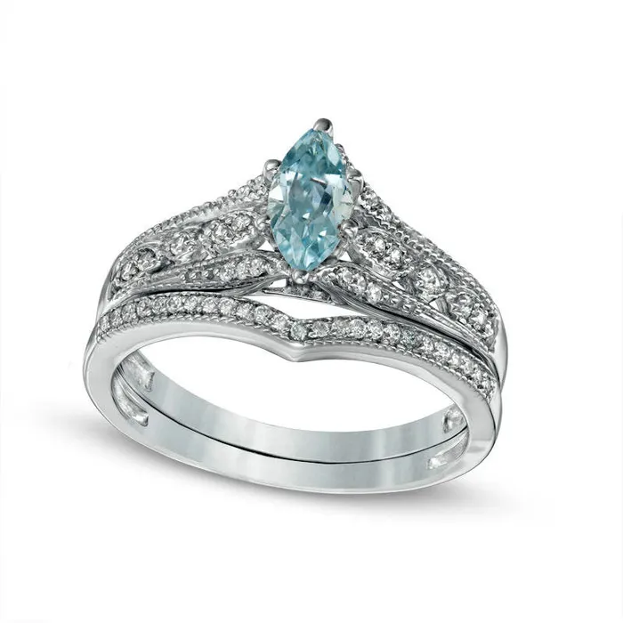Goldia Marquise Aquamarine and 020 CT TW Natural Diamond Antique VintageStyle Bridal Engagement Ring Set in Solid 10K White Gold Rings Goldia Marquise Aquamarine and 020 CT TW Natural Diamond Antique VintageStyle Bridal Engagement Ring Set in Solid 10K White Gold Rings
