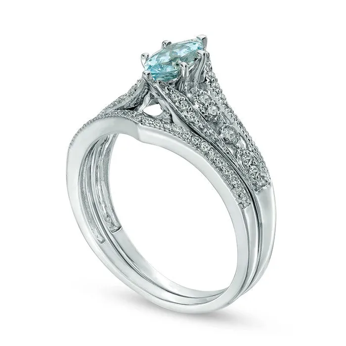Goldia Marquise Aquamarine and 020 CT TW Natural Diamond Antique VintageStyle Bridal Engagement Ring Set in Solid 10K White Gold Rings Goldia Marquise Aquamarine and 020 CT TW Natural Diamond Antique VintageStyle Bridal Engagement Ring Set in Solid 10K White Gold Rings