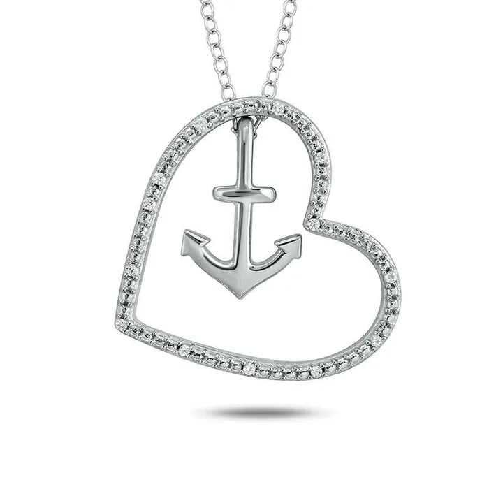 Goldia Necklaces Natural Diamond Accent Tilted Heart Outline with Anchor Pendant in Sterling Silver