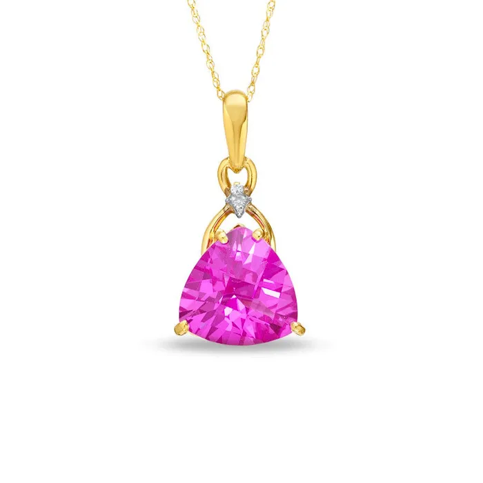 Goldia Necklaces TrillionCut LabCreated Pink Sapphire and Diamond Accent Pendant in 10K Yellow Gold Goldia Necklaces TrillionCut LabCreated Pink Sapphire and Diamond Accent Pendant in 10K Yellow Gold