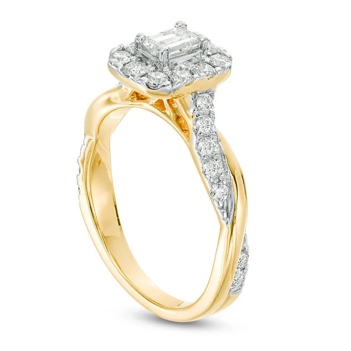 Goldia Rings 088 CT TW EmeraldCut Natural Diamond Frame Twist Shank Engagement Ring in Solid 10K Yellow Gold Goldia Rings 088 CT TW EmeraldCut Natural Diamond Frame Twist Shank Engagement Ring in Solid 10K Yellow Gold
