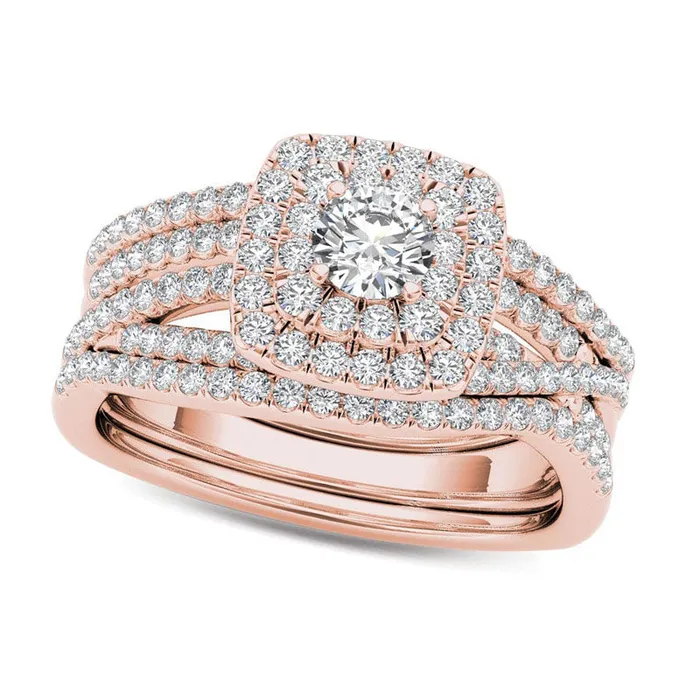 Goldia Rings 10 CT TW Natural Diamond Cushion Double Frame Woven Three Piece Bridal Engagement Ring Set in Solid 14K Rose Gold