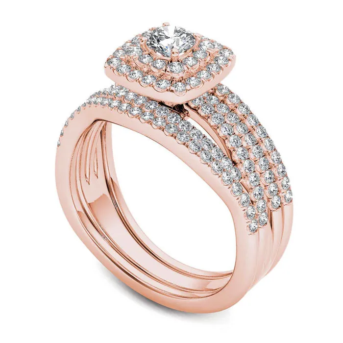 Goldia Rings 10 CT TW Natural Diamond Cushion Double Frame Woven Three Piece Bridal Engagement Ring Set in Solid 14K Rose Gold Goldia Rings 10 CT TW Natural Diamond Cushion Double Frame Woven Three Piece Bridal Engagement Ring Set in Solid 14K Rose Gold
