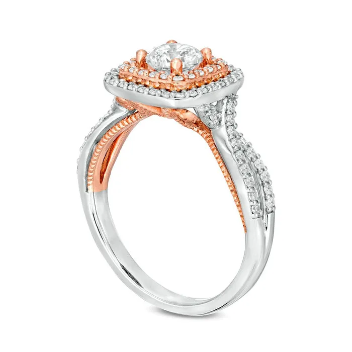 Goldia Rings 10 CT TW Natural Diamond Double Cushion Frame Split Shank Engagement Ring in Solid 14K TwoTone Gold Goldia Rings 10 CT TW Natural Diamond Double Cushion Frame Split Shank Engagement Ring in Solid 14K TwoTone Gold