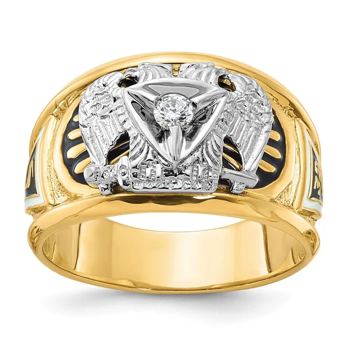 Goldia Rings 14k Twotone Gold Mens Polished and Textured with Black and White Enameled and Diamond 32nd Degree Scottish Rite Masonic Ring Goldia Rings 14k Twotone Gold Mens Polished and Textured with Black and White Enameled and Diamond 32nd Degree Scottish Rite Masonic Ring