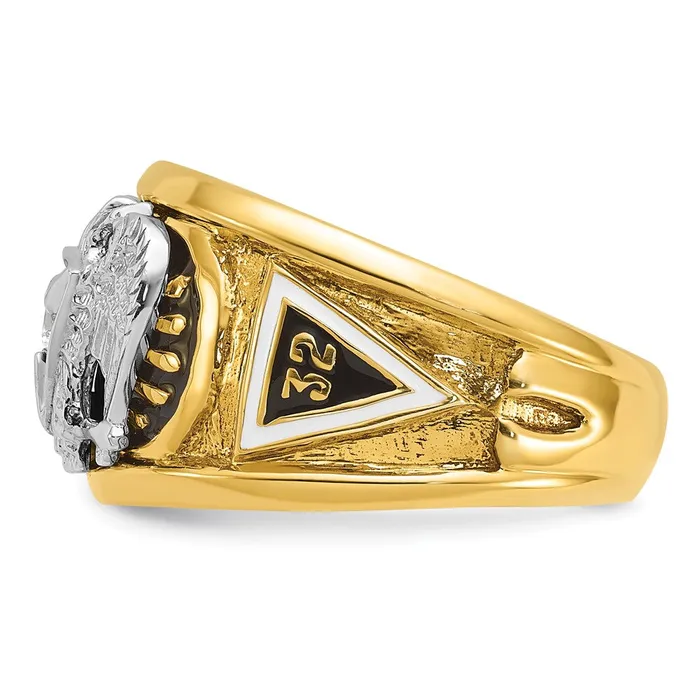 Goldia Rings 14k Twotone Gold Mens Polished and Textured with Black and White Enameled and Diamond 32nd Degree Scottish Rite Masonic Ring