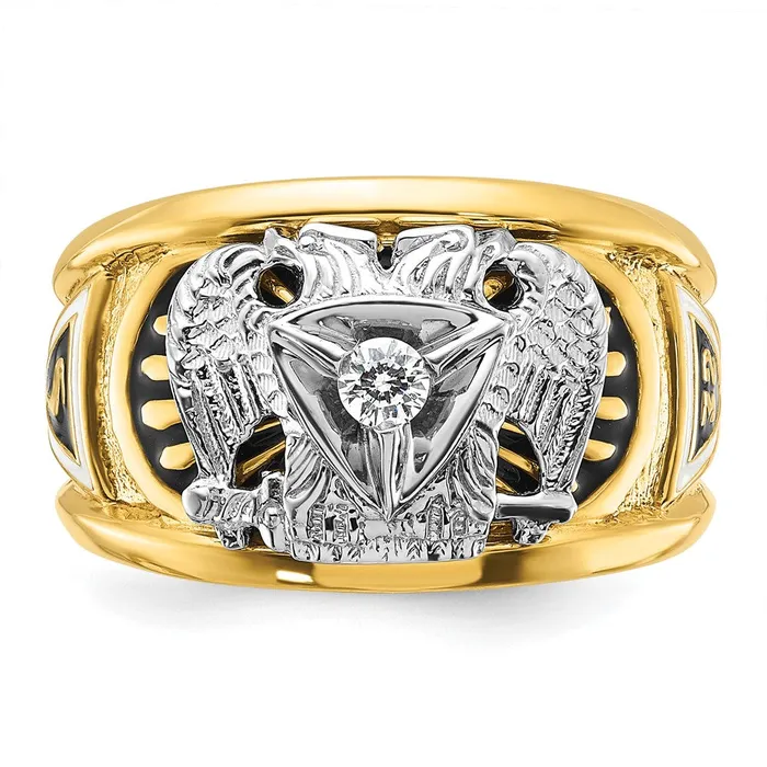 Goldia Rings 14k Twotone Gold Mens Polished and Textured with Black and White Enameled and Diamond 32nd Degree Scottish Rite Masonic Ring