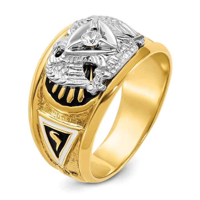Goldia Rings 14k Twotone Gold Mens Polished and Textured with Black and White Enameled and Diamond 32nd Degree Scottish Rite Masonic Ring