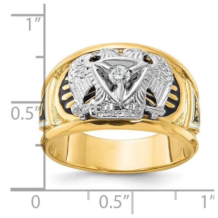 Goldia Rings 14k Twotone Gold Mens Polished and Textured with Black and White Enameled and Diamond 32nd Degree Scottish Rite Masonic Ring
