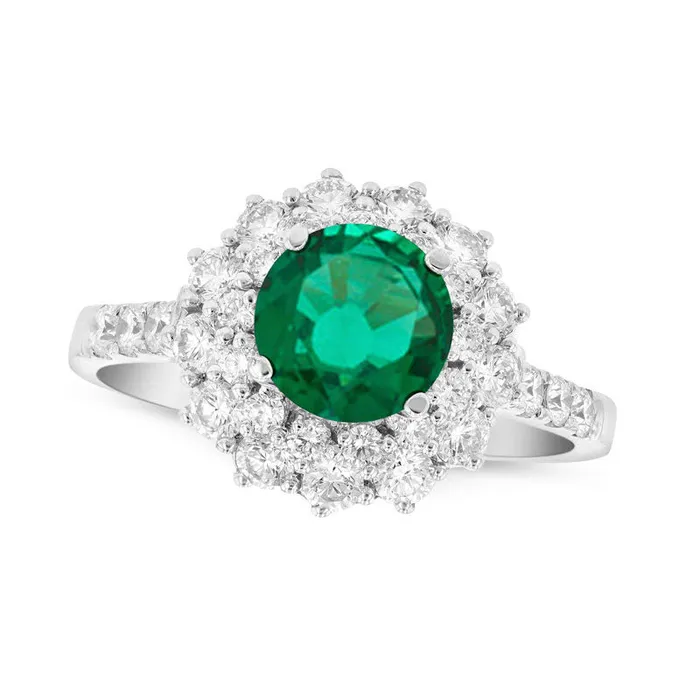 Goldia Rings 60mm Emerald and 088 CT TW Natural Diamond Sunburst Frame Ring in Solid 18K White Gold Goldia Rings 60mm Emerald and 088 CT TW Natural Diamond Sunburst Frame Ring in Solid 18K White Gold