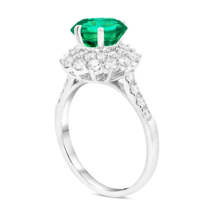 Goldia Rings 60mm Emerald and 088 CT TW Natural Diamond Sunburst Frame Ring in Solid 18K White Gold Goldia Rings 60mm Emerald and 088 CT TW Natural Diamond Sunburst Frame Ring in Solid 18K White Gold
