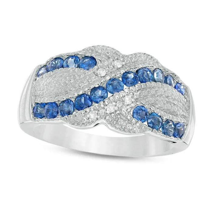 Goldia Rings Blue Sapphire and 005 CT TW Natural Diamond Beaded Border Crossover Ring in Sterling Silver Goldia Rings Blue Sapphire and 005 CT TW Natural Diamond Beaded Border Crossover Ring in Sterling Silver