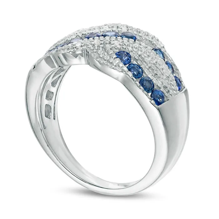 Goldia Rings Blue Sapphire and 005 CT TW Natural Diamond Beaded Border Crossover Ring in Sterling Silver Goldia Rings Blue Sapphire and 005 CT TW Natural Diamond Beaded Border Crossover Ring in Sterling Silver