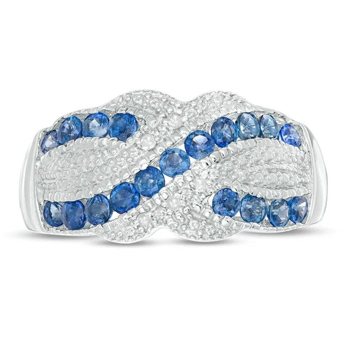 Goldia Rings Blue Sapphire and 005 CT TW Natural Diamond Beaded Border Crossover Ring in Sterling Silver Goldia Rings Blue Sapphire and 005 CT TW Natural Diamond Beaded Border Crossover Ring in Sterling Silver