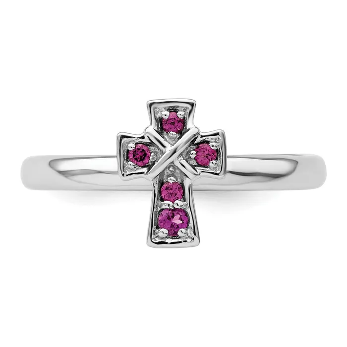 Goldia Rings Sterling Silver Stackable Expressions Rhodium Rhodolite Garnet Cross Ring