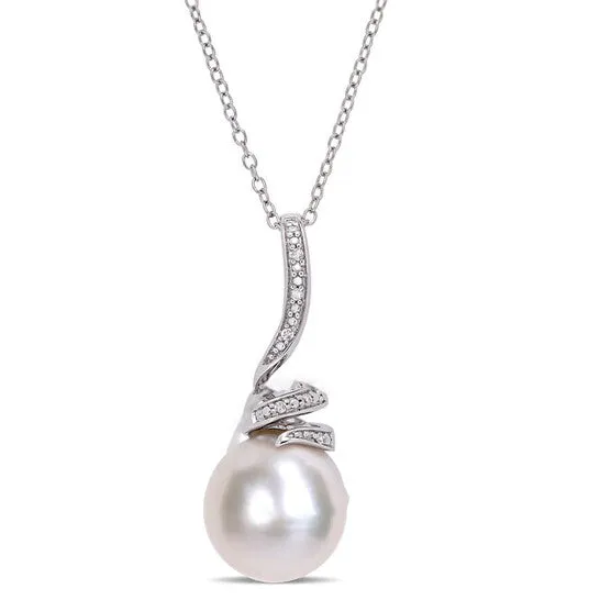 JMS always Necklaces Original AMOUR 11 12 Mm Freshwater Cultured Pearl and Diamond Accent Swirl Drop Pendant with Chain In Sterling Silver JMS always Necklaces Original AMOUR 11 12 Mm Freshwater Cultured Pearl and Diamond Accent Swirl Drop Pendant with Chain In Sterling Silver