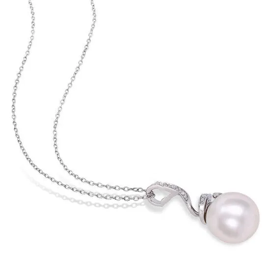 JMS always Necklaces Original AMOUR 11 12 Mm Freshwater Cultured Pearl and Diamond Accent Swirl Drop Pendant with Chain In Sterling Silver JMS always Necklaces Original AMOUR 11 12 Mm Freshwater Cultured Pearl and Diamond Accent Swirl Drop Pendant with Chain In Sterling Silver