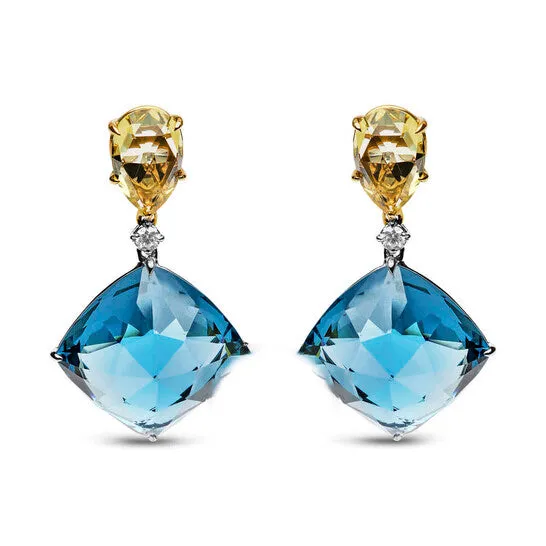 JMS always Original 18K White and Yellow Gold 15 Cttw Diamond with Pear Cut Lemon Quartz and Cushion Cut London Blue Topaz Gemstone Dangle Earring Earrings