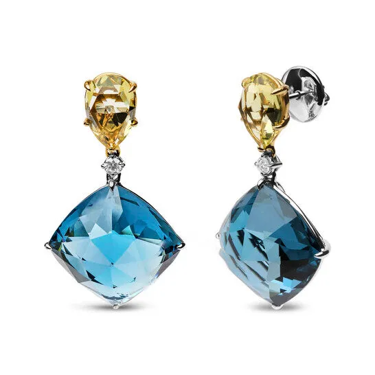 JMS always Original 18K White and Yellow Gold 15 Cttw Diamond with Pear Cut Lemon Quartz and Cushion Cut London Blue Topaz Gemstone Dangle Earring Earrings JMS always Original 18K White and Yellow Gold 15 Cttw Diamond with Pear Cut Lemon Quartz and Cushion Cut London Blue Topaz Gemstone Dangle Earring Earrings