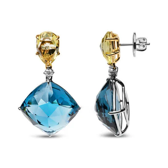 JMS always Original 18K White and Yellow Gold 15 Cttw Diamond with Pear Cut Lemon Quartz and Cushion Cut London Blue Topaz Gemstone Dangle Earring Earrings JMS always Original 18K White and Yellow Gold 15 Cttw Diamond with Pear Cut Lemon Quartz and Cushion Cut London Blue Topaz Gemstone Dangle Earring Earrings