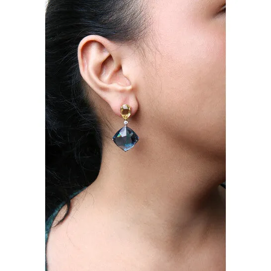JMS always Original 18K White and Yellow Gold 15 Cttw Diamond with Pear Cut Lemon Quartz and Cushion Cut London Blue Topaz Gemstone Dangle Earring Earrings JMS always Original 18K White and Yellow Gold 15 Cttw Diamond with Pear Cut Lemon Quartz and Cushion Cut London Blue Topaz Gemstone Dangle Earring Earrings