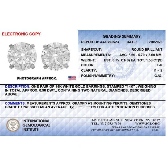 JMS always Original Haus of Brilliance IGI Certified 14K White Gold 1 12 Cttw Round Diamond Solitaire Stud Earrings with Screwbacks FG Color I1I2 Clarity Earrings JMS always Original Haus of Brilliance IGI Certified 14K White Gold 1 12 Cttw Round Diamond Solitaire Stud Earrings with Screwbacks FG Color I1I2 Clarity Earrings