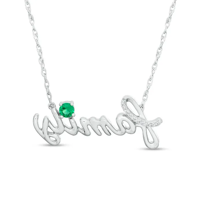 LabCreated Emerald and Diamond Accent family Script Necklace in Sterling Silver Goldia Necklaces LabCreated Emerald and Diamond Accent family Script Necklace in Sterling Silver Goldia Necklaces