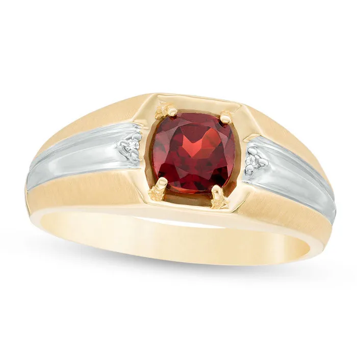 Mens 60mm CushionCut Garnet and Natural Diamond Accent MultiFinish Ring in Solid 10K TwoTone Gold Goldia Rings Mens 60mm CushionCut Garnet and Natural Diamond Accent MultiFinish Ring in Solid 10K TwoTone Gold Goldia Rings