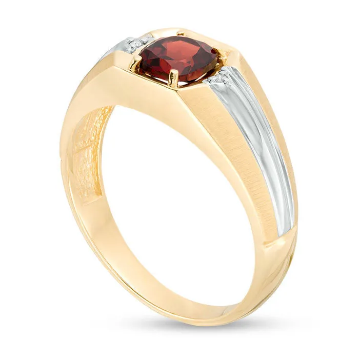 Mens 60mm CushionCut Garnet and Natural Diamond Accent MultiFinish Ring in Solid 10K TwoTone Gold Goldia Rings Mens 60mm CushionCut Garnet and Natural Diamond Accent MultiFinish Ring in Solid 10K TwoTone Gold Goldia Rings