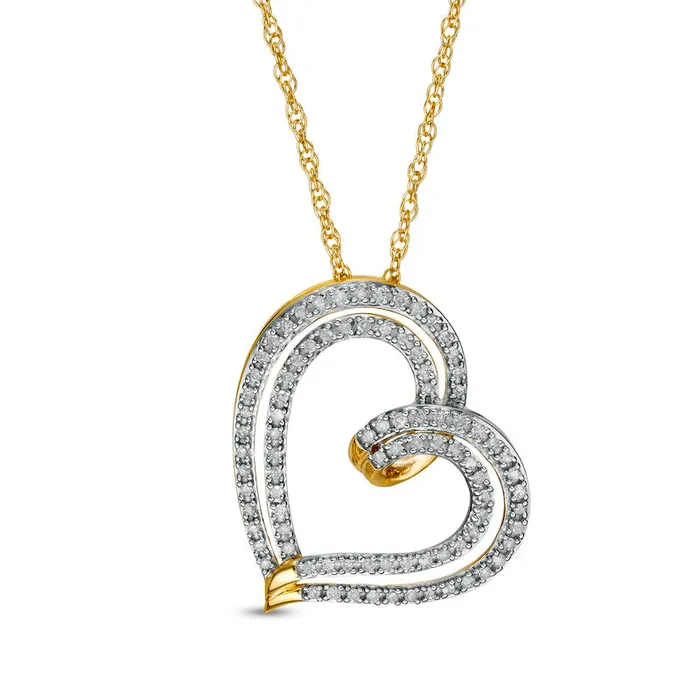 Necklaces 025 CT TW Natural Diamond Tilted Ribbon Heart Pendant in 10K Yellow Gold Goldia Necklaces 025 CT TW Natural Diamond Tilted Ribbon Heart Pendant in 10K Yellow Gold Goldia