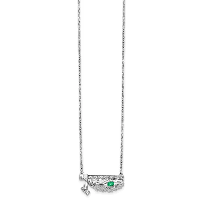Necklaces 14k White Gold Real Diamond Bar wEmerald Feather 18 inch Necklace Goldia