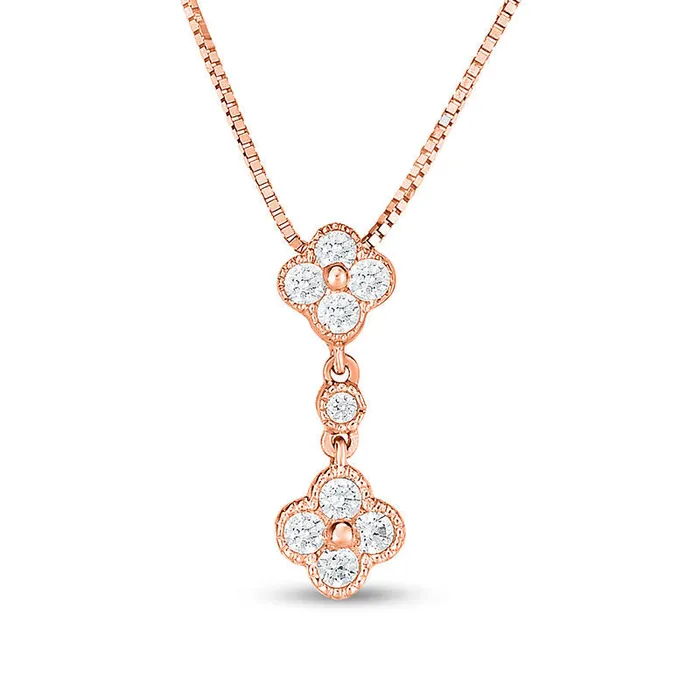 Necklaces Goldia 02 CT TW Quad Natural Diamond Double Clover Antique VintageStyle Pendant in 10K Rose Gold Necklaces Goldia 02 CT TW Quad Natural Diamond Double Clover Antique VintageStyle Pendant in 10K Rose Gold