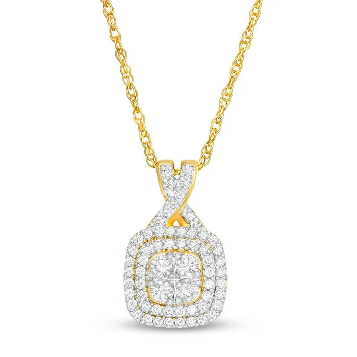 Necklaces Goldia 038 CT TW Quad Natural Diamond Double Cushion Frame Pendant in 10K Yellow Gold Necklaces Goldia 038 CT TW Quad Natural Diamond Double Cushion Frame Pendant in 10K Yellow Gold