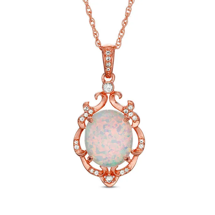 Oval LabCreated Opal and White Sapphire Ornate Scroll Frame Drop Pendant in Sterling Silver with 14K Rose Gold Plate Goldia Necklaces Oval LabCreated Opal and White Sapphire Ornate Scroll Frame Drop Pendant in Sterling Silver with 14K Rose Gold Plate Goldia Necklaces