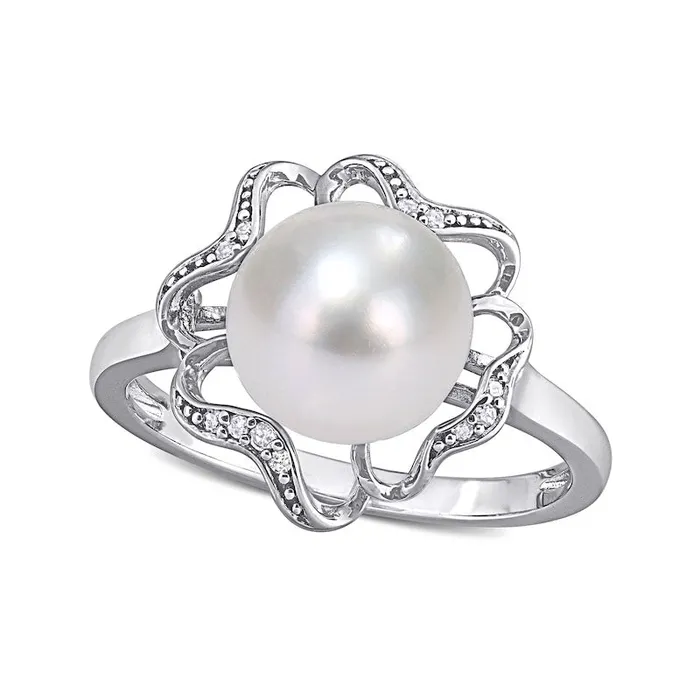 Rings 9095mm Button Cultured Freshwater Pearl and Natural Diamond Accent Clover Frame Ring in Sterling Silver Goldia Rings 9095mm Button Cultured Freshwater Pearl and Natural Diamond Accent Clover Frame Ring in Sterling Silver Goldia