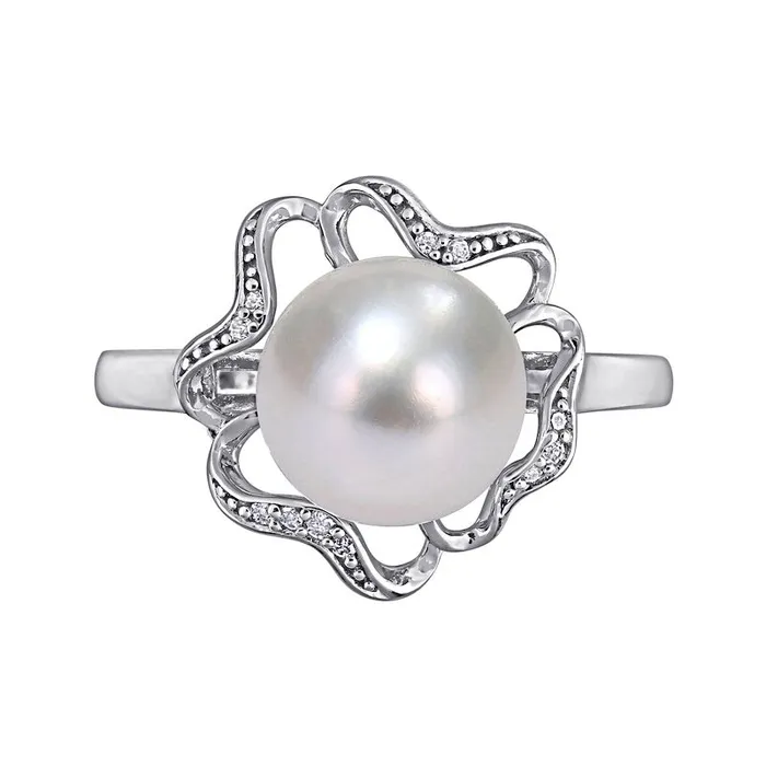 Rings 9095mm Button Cultured Freshwater Pearl and Natural Diamond Accent Clover Frame Ring in Sterling Silver Goldia Rings 9095mm Button Cultured Freshwater Pearl and Natural Diamond Accent Clover Frame Ring in Sterling Silver Goldia