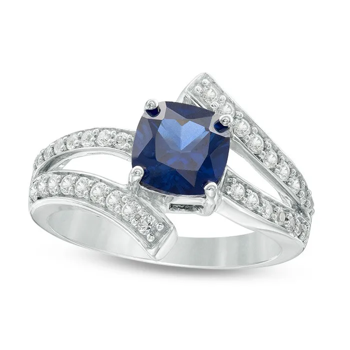 Rings Goldia 70mm CushionCut LabCreated Blue and White Sapphire Bypass Split Shank Ring in Sterling Silver