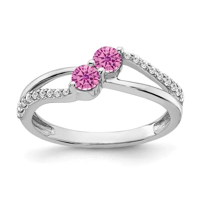 Rings Goldia Solid 14k White Gold Created PinK Simulated Sapphire and CZ 2stone Ring Rings Goldia Solid 14k White Gold Created PinK Simulated Sapphire and CZ 2stone Ring