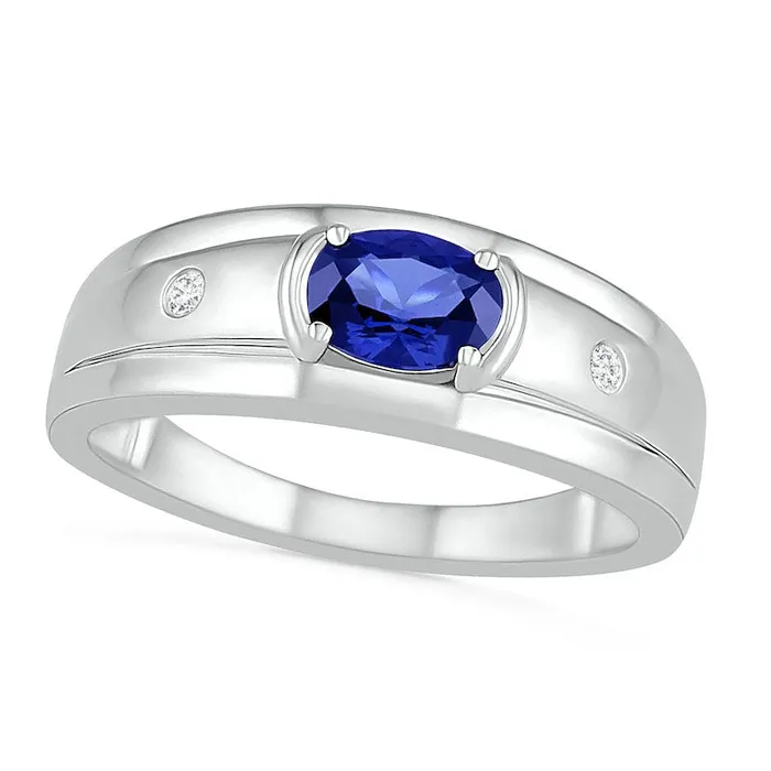 Rings Mens Oval Blue LabCreated Sapphire and 005 CT TW Diamond Duo Stepped Edge Ring in Sterling Silver Goldia Rings Mens Oval Blue LabCreated Sapphire and 005 CT TW Diamond Duo Stepped Edge Ring in Sterling Silver Goldia
