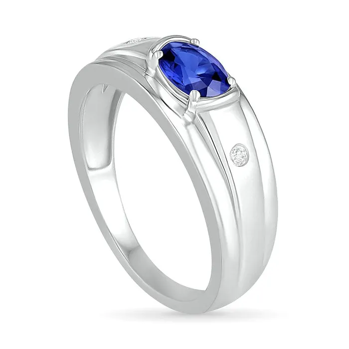 Rings Mens Oval Blue LabCreated Sapphire and 005 CT TW Diamond Duo Stepped Edge Ring in Sterling Silver Goldia Rings Mens Oval Blue LabCreated Sapphire and 005 CT TW Diamond Duo Stepped Edge Ring in Sterling Silver Goldia