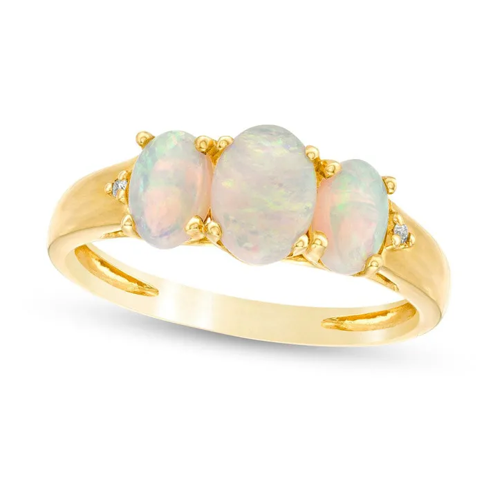Rings Oval Opal and Natural Diamond Accent Three Stone Ring in Solid 10K Yellow Gold Goldia Rings Oval Opal and Natural Diamond Accent Three Stone Ring in Solid 10K Yellow Gold Goldia